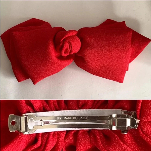 Vintage Made in France Bow Ribbon Hair Clip Barrette Retro Large Ruffles Red - Picture 2 of 10